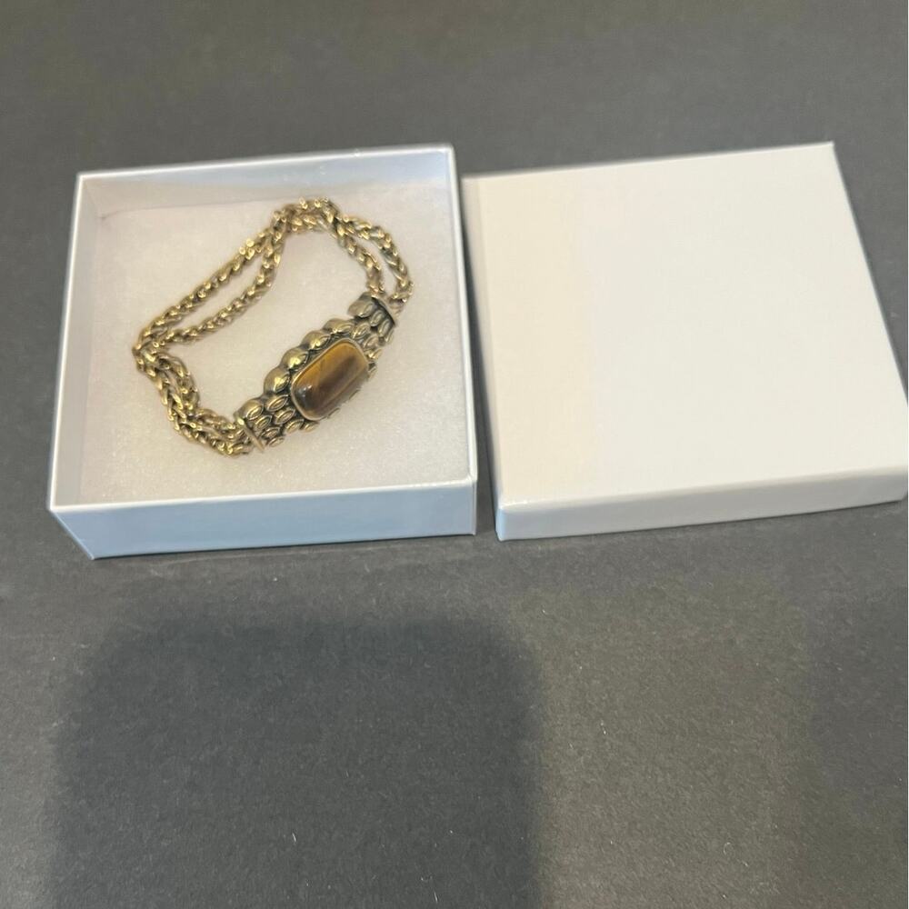 Tiger Eye Rectangular Stone Double Chain Gold Ton… - image 6